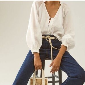 Maeve White Peasant Blouse with Balloon Sleeves